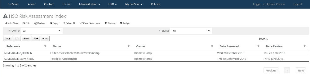 ProSure+ Risk Assessment HSO Index